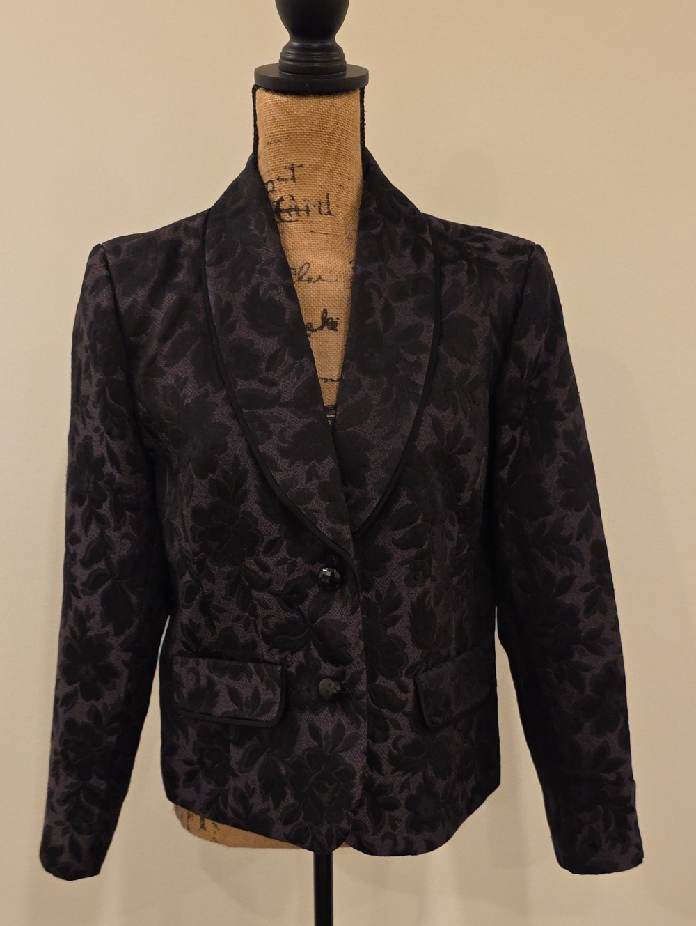 Vanity Fair Black and Deep Purple Floral Jacquard Blazer